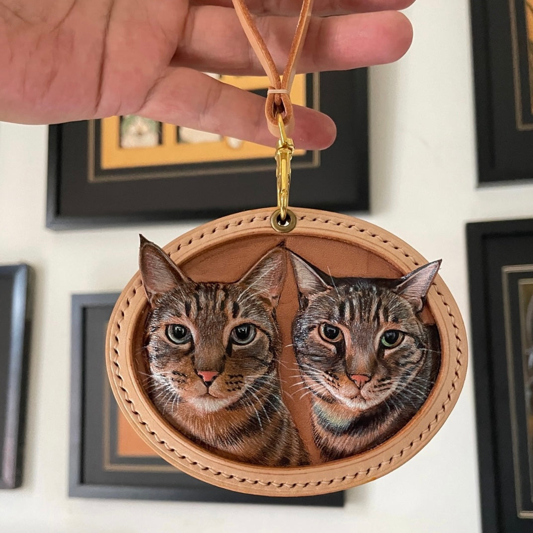 2 Pets 3d Leather Carving & Painting Pet Memorial | Personalised Gift For Dog/ Cat Pet Engraving Keychain / Bag Pendant | GIFT SPRING